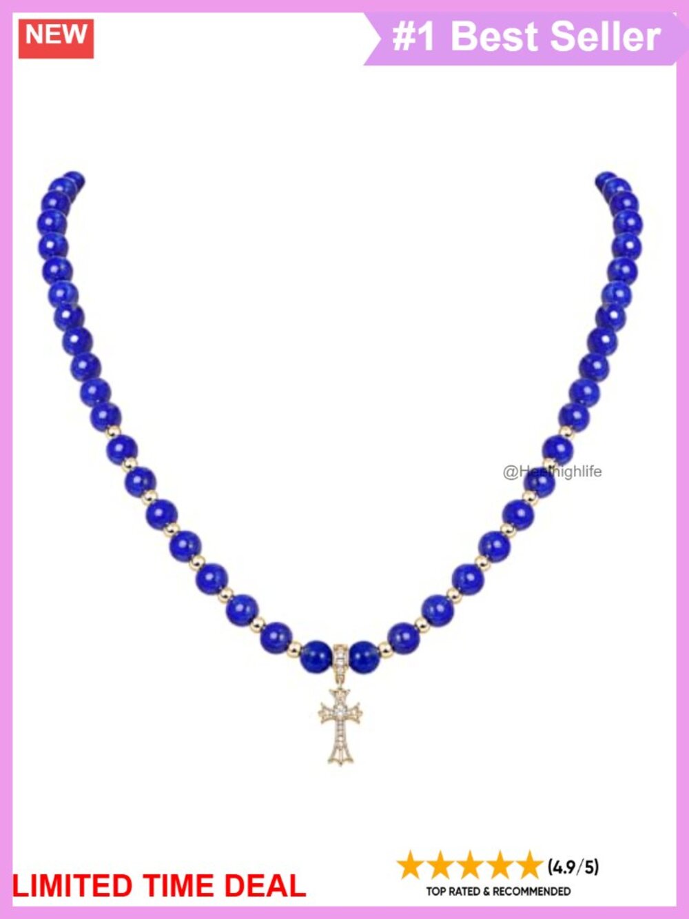 Natural Lapis Lazuli Bead Cross Pendant Necklace Gold Plated 18 Inch